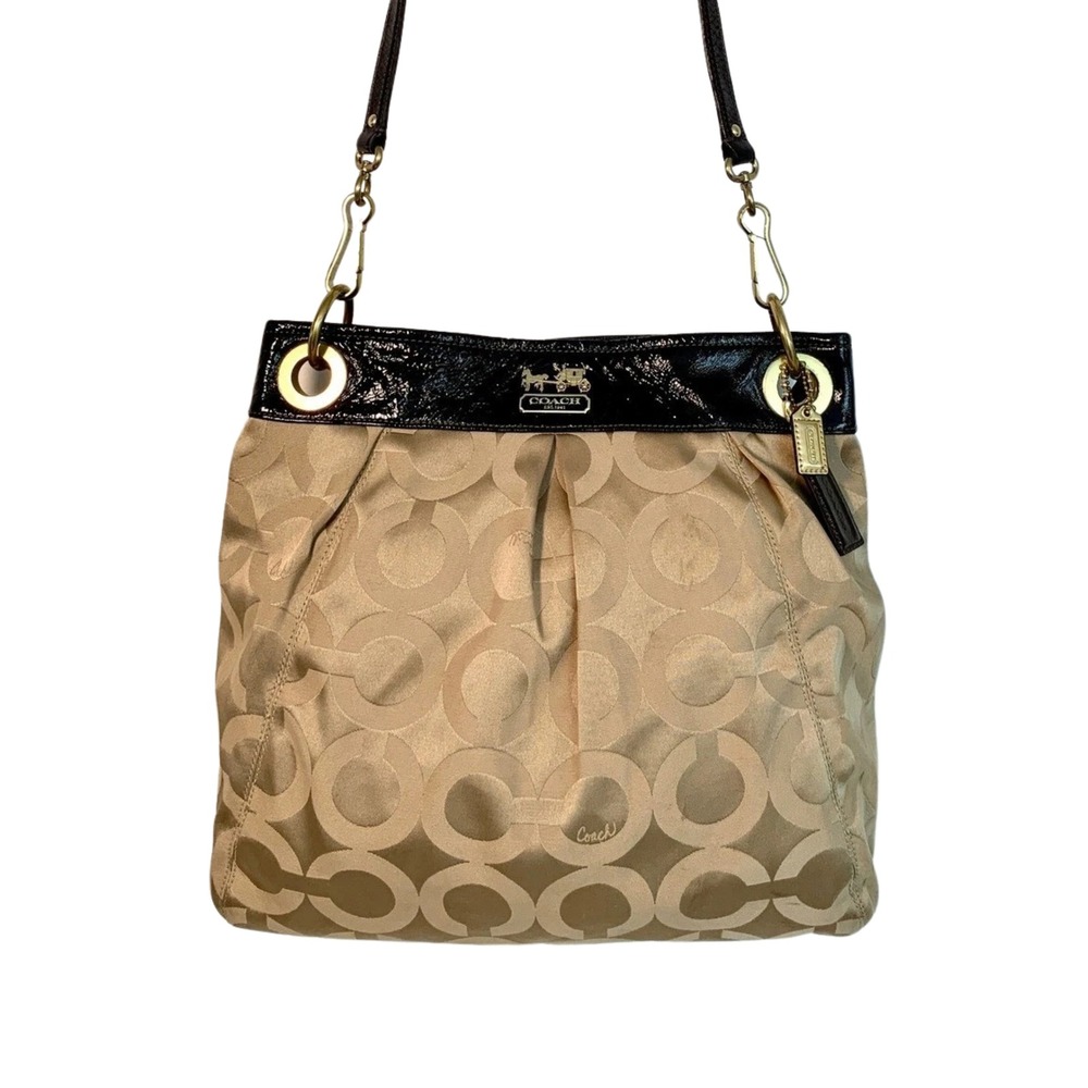 Coach Madison Large Op Art Sateen Hippie Bag Beige‎ Jacard Brown Patent Leather
